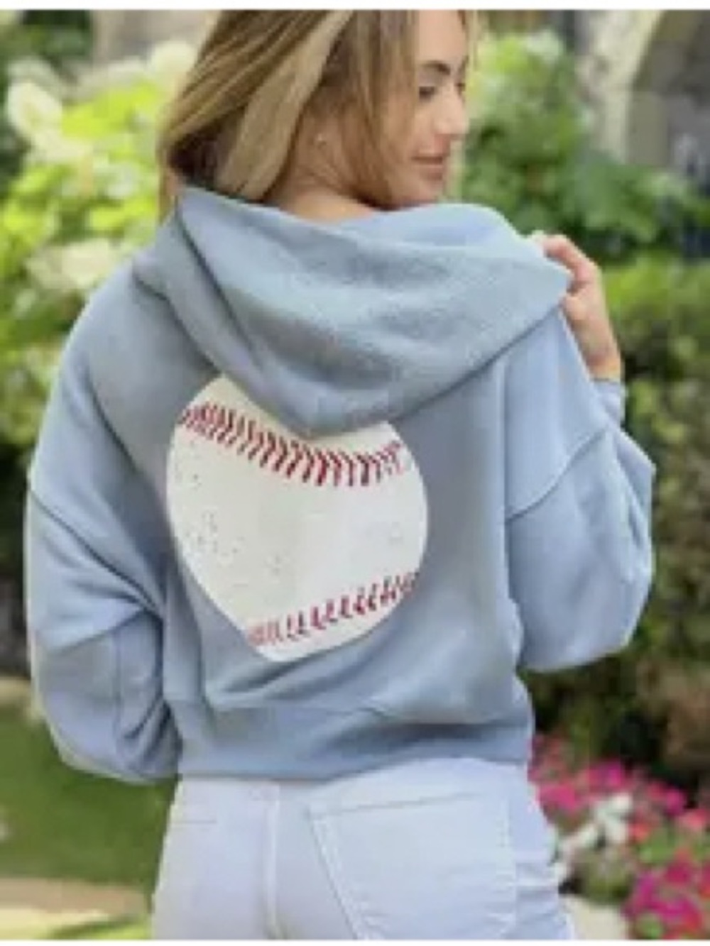 New Women's Light Blue Hoodie with Baseball Graphic